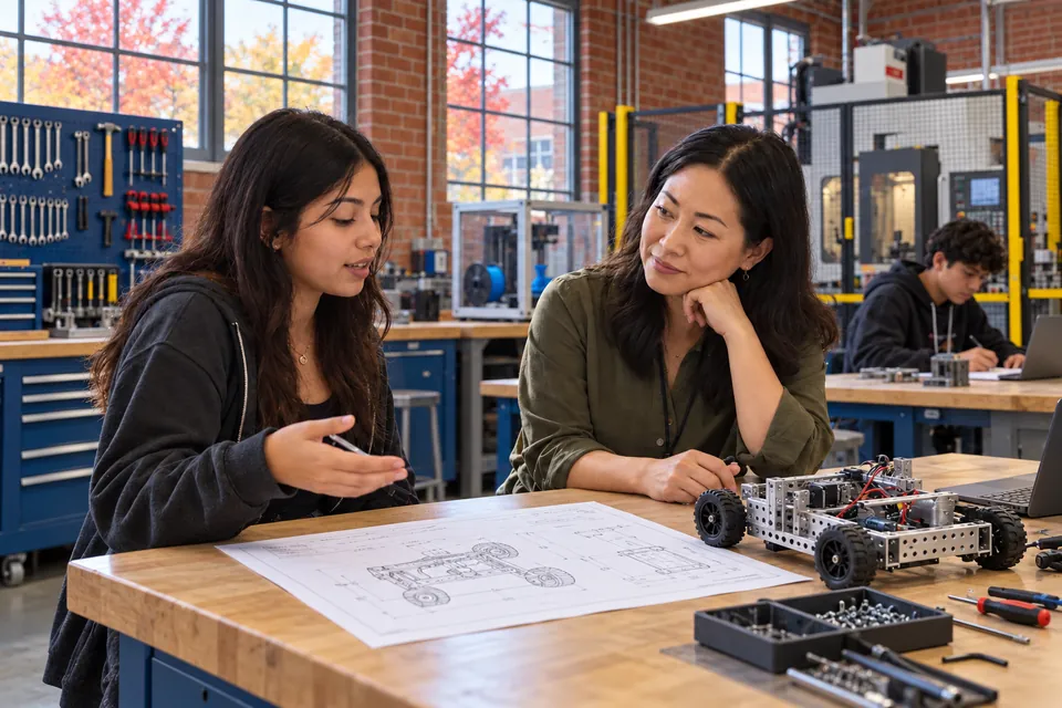 A student explaining a technical drawing to her teacher beside a robotics project in a Midwestern high school engineering lab.