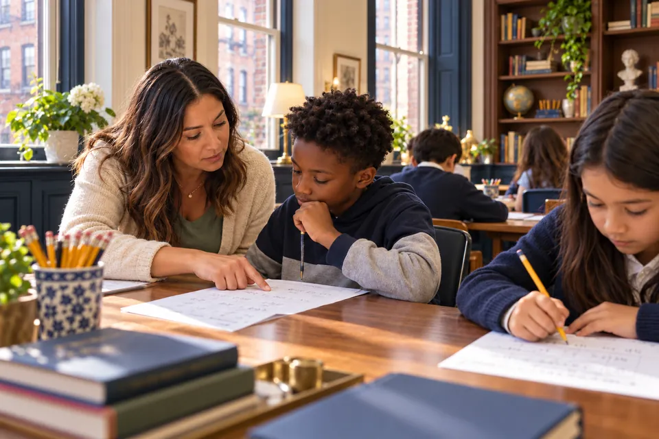 An elementary teacher supporting a student in a New York classroom with tall city windows and custom bookshelves.