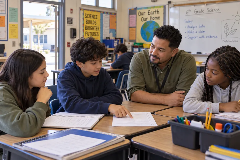 A middle school teacher and students reviewing work at well-used desks in a Southern California classroom with teacher-made displays.