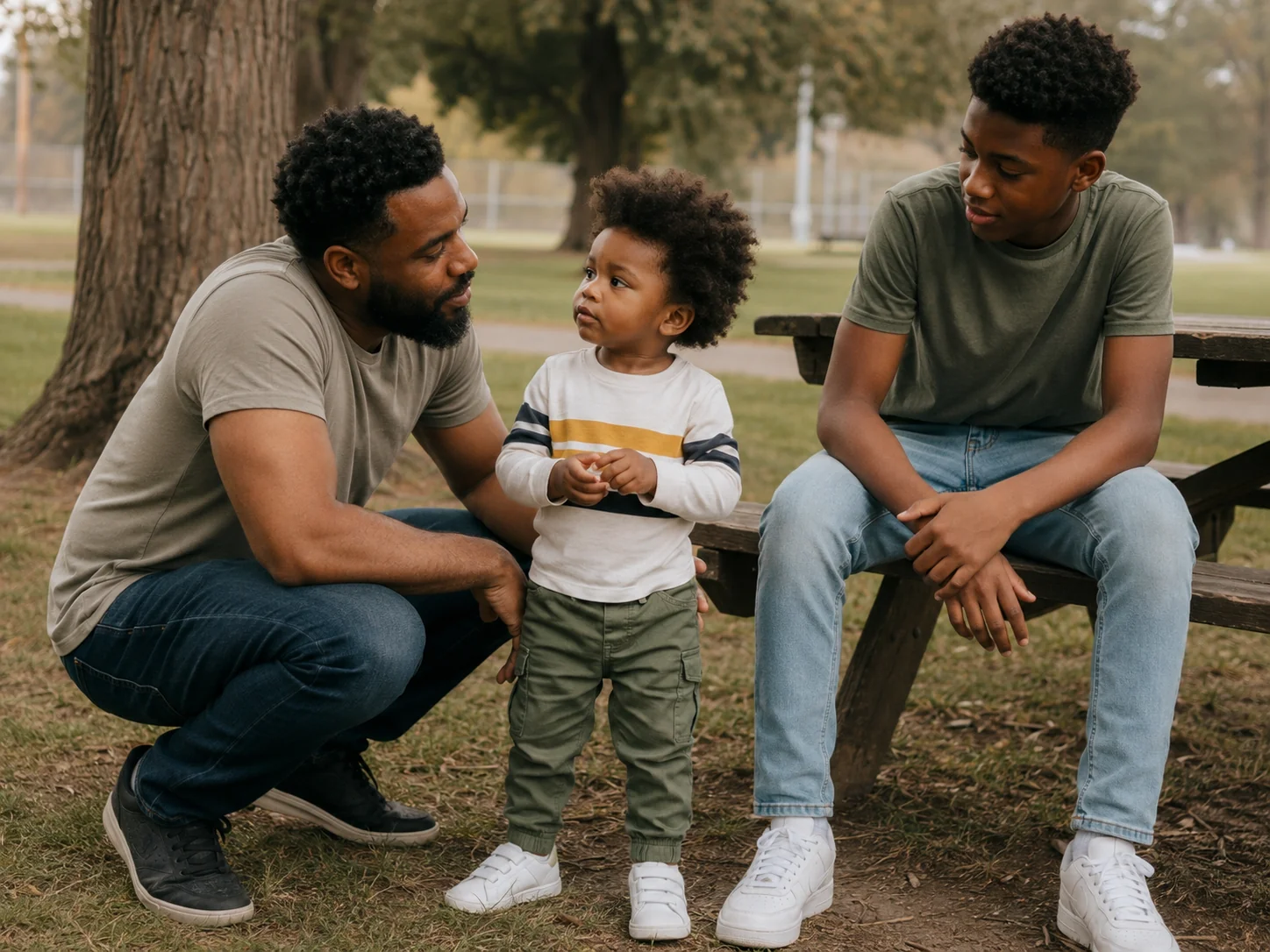 A parent and children talking calmly together at a park
