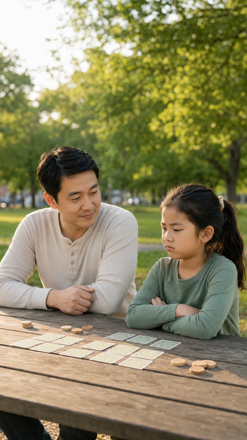 A parent and young child sharing a calm moment outdoors